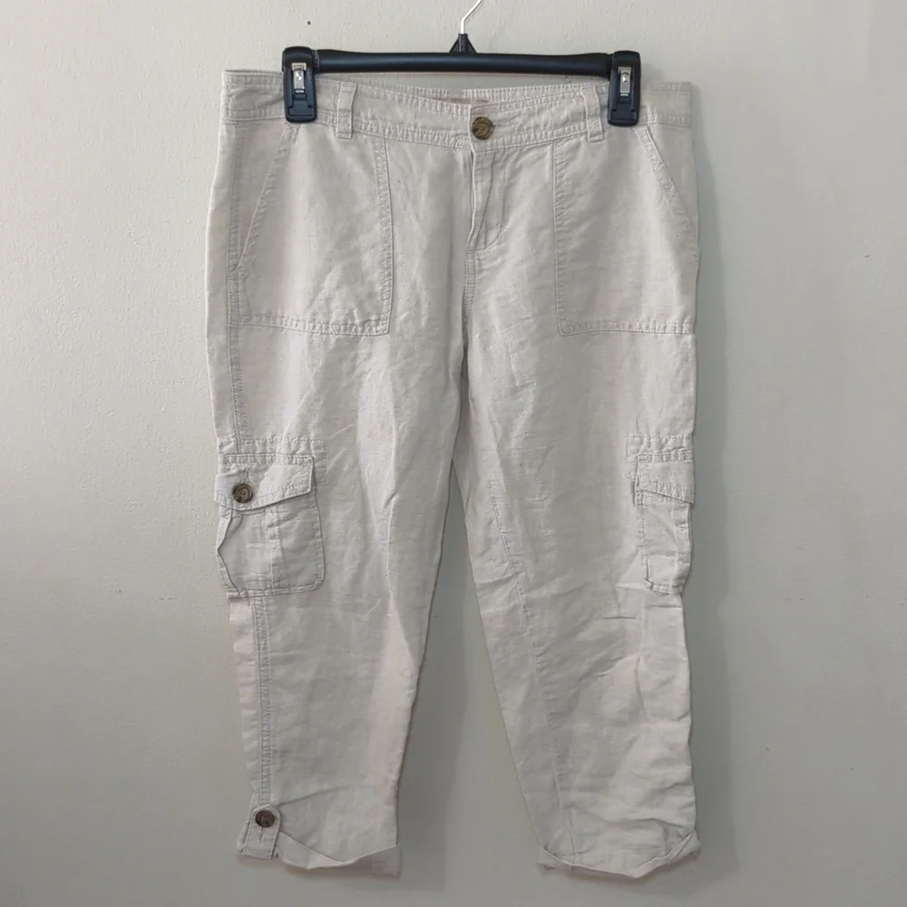 Banana Republic Martin Fit Cargo Pants Cream Linen-blend Cropped Cuffed Size 6P